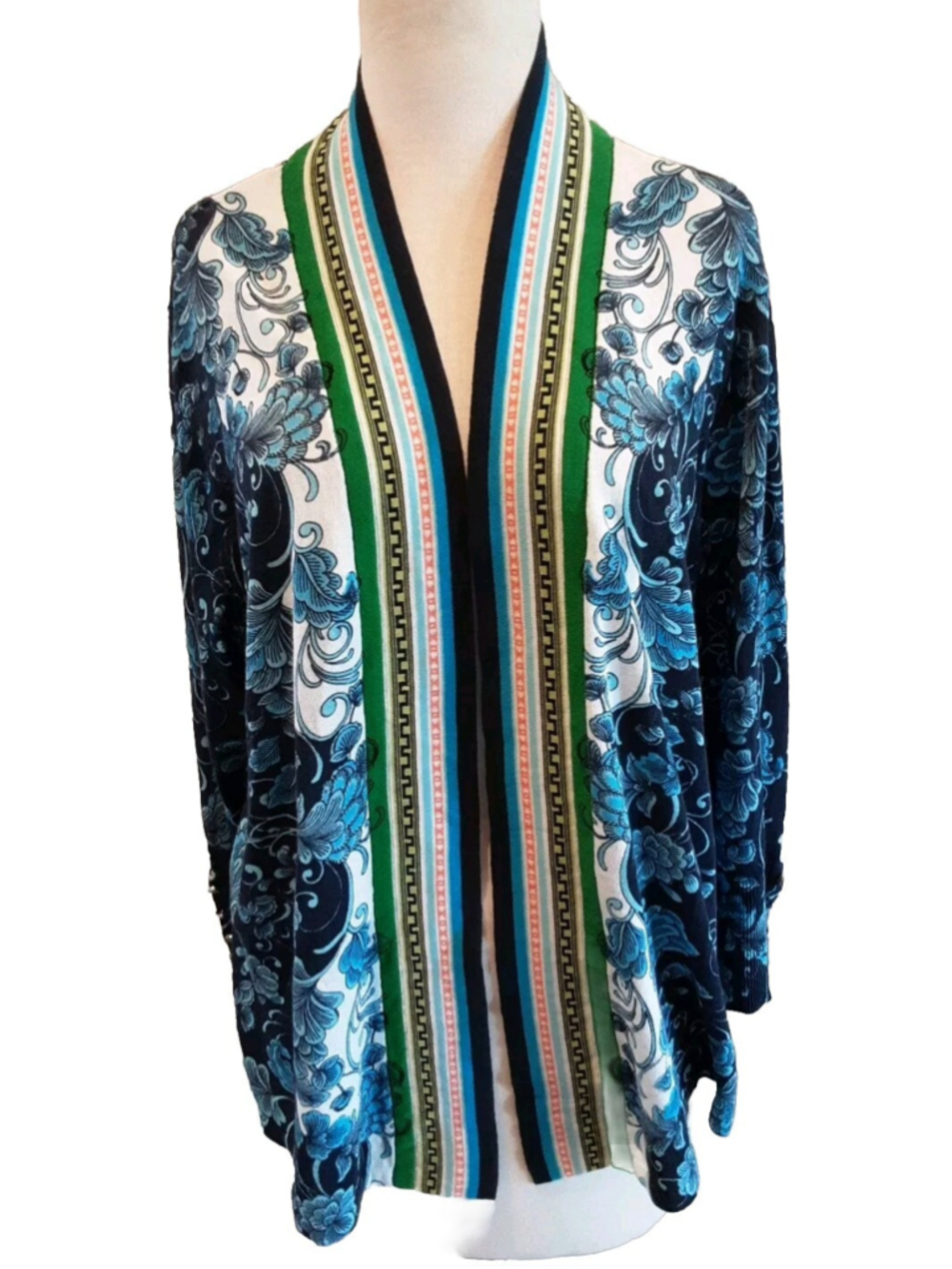 CHICO'S-The Perfect Layer Cardigan- Floral Blues Geometric Open Front Knit Sz XL